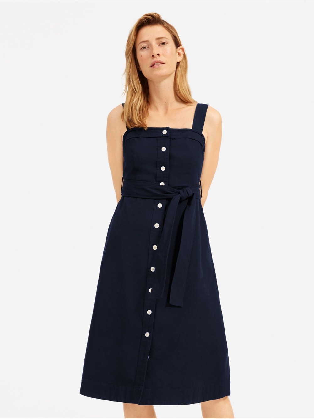 Everlane Navy Button-Front Midi Dress with Tie Waist